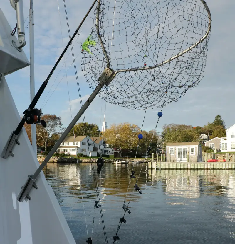 A fishing net attached to a boat, with colorful buoys, overlooking calm waters and picturesque houses along the shoreline.